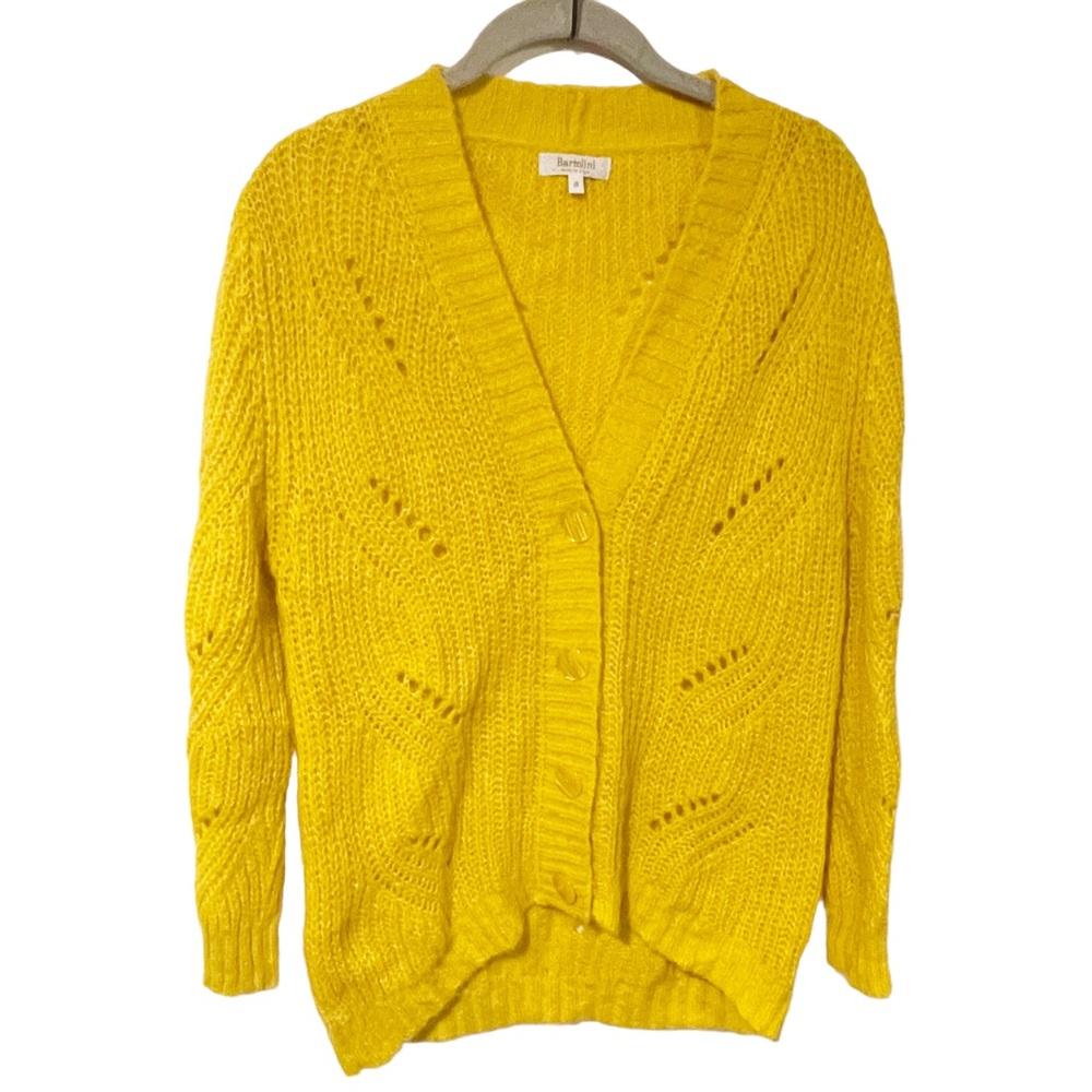 Bartolini Size Small Yellow Open Knit Half Button V Neck Alpaka Sweater Cardigan